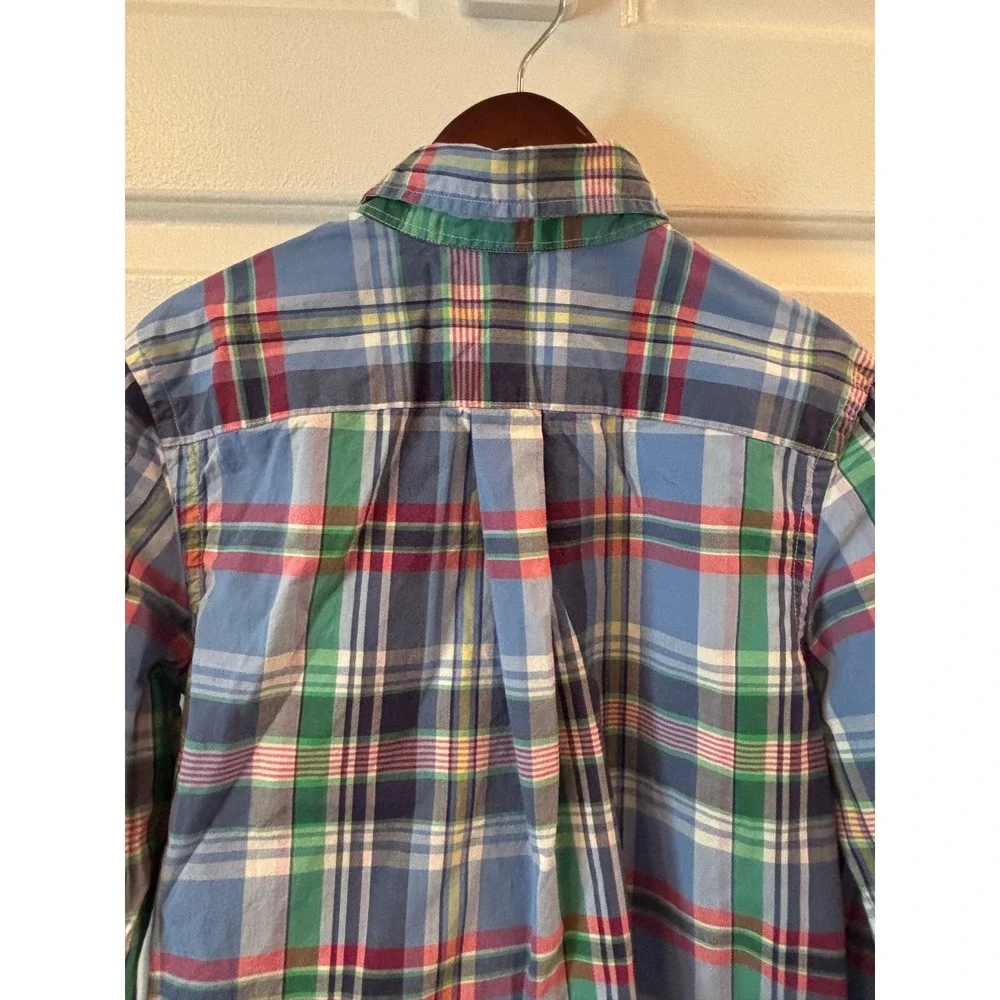 Ralph Lauren Boys Blue Green Plaid Button Down Shirt Size M 10-12 Cotton Pony